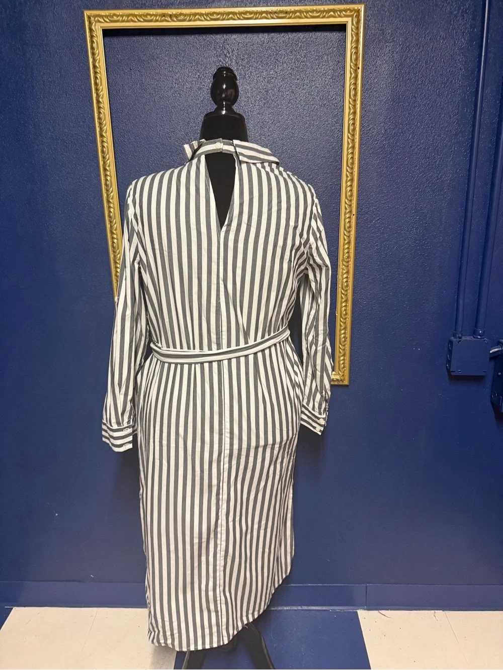 Who What Wear Striped Tie-Waist Midi Shirt Dress in White and Grey - Picture 3 of 3